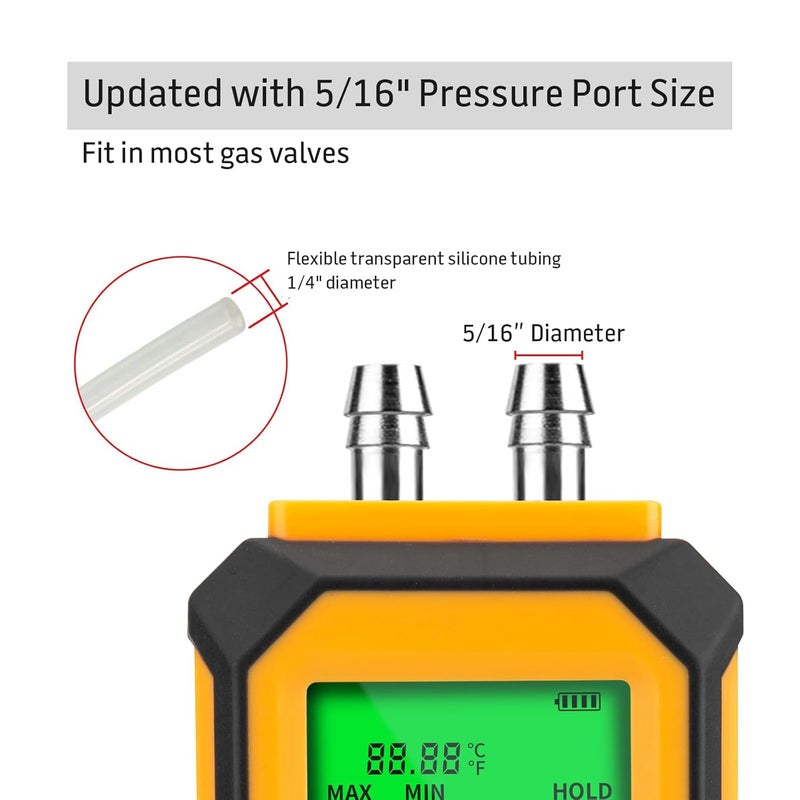 YZTMETER 5/16 Inches Diameter Pressure Port Digital Manometer, YZT Meter Dual Port Air Pressure Meter Pressure Gauge HVAC Gas Tester, Differential Pressure Manometer - Image 3